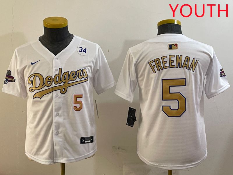 Youth Los Angeles Dodgers 5 Freeman White Champion gold character 2025 Nike MLB Jersey style 4